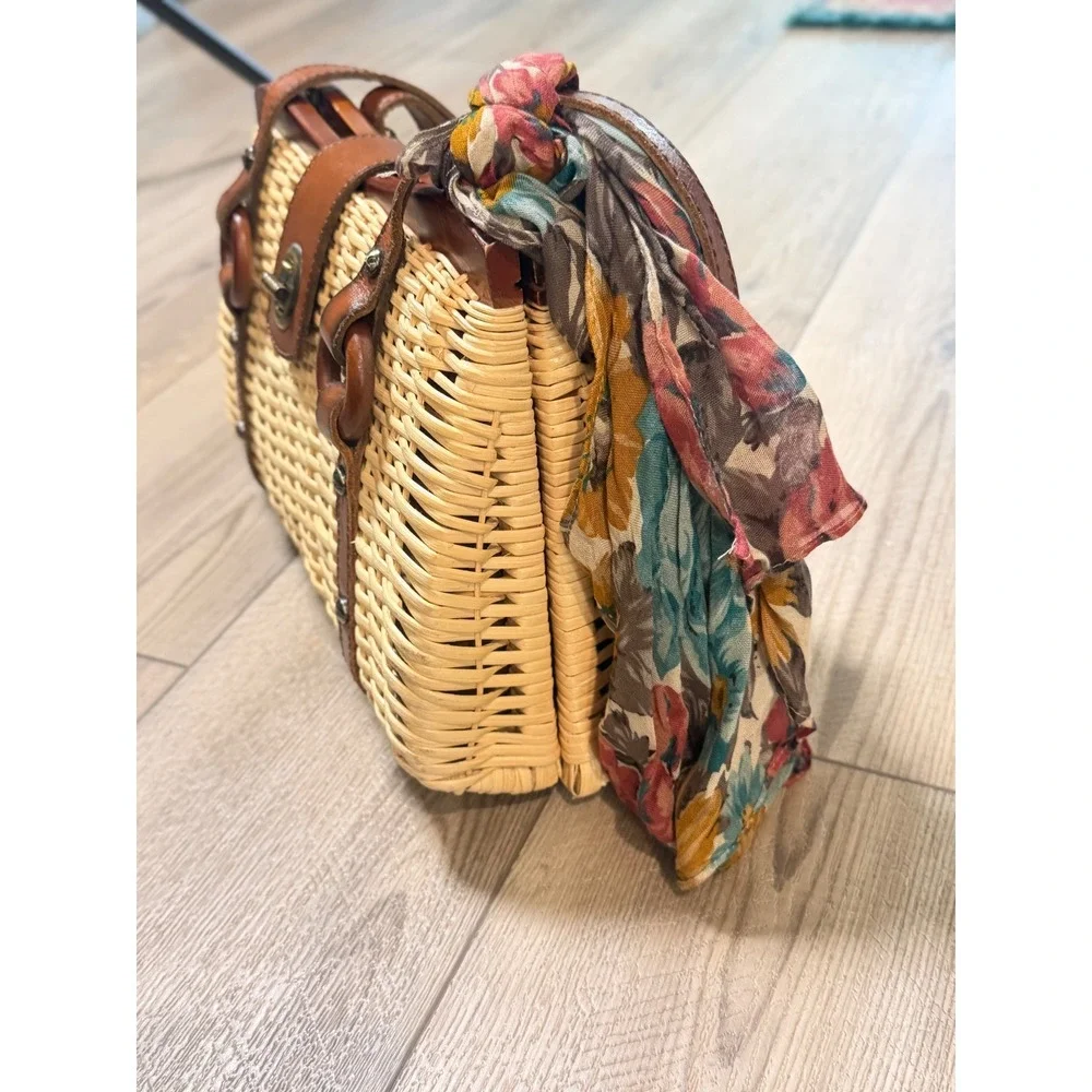 Patricia Nash Wicker Satchel Leather Trim Straw Handbag Brown Tan with Scarf